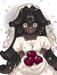 1girl 404_sagongsa black_forest_cookie bouquet bridal_veil brown_hair cherry cookie_run cookie_run:_kingdom dark-skinned_female dark_skin dress flower food fruit hair_between_eyes hair_intakes holding long_hair looking_at_viewer puffy_short_sleeves puffy_sleeves short_sleeves solo symbol-shaped_pupils veil wedding_dress white_dress white_eyes