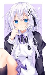 1boy absurdres adjusting_hair alternate_hair_color amamiya_ayumu_(vtuber) arm_strap black_ribbon black_shirt black_socks blue_eyes blush border collared_shirt commentary_request contrast_collar crossdressing crossed_bangs double-parted_bangs dress feet_out_of_frame hair_between_eyes hair_ornament hair_ribbon hairpin hand_up heart highres indie_virtual_youtuber kneehighs long_sidelocks long_sleeves male_focus neck_ribbon outside_border pinafore_dress plaid_clothes plaid_ribbon plaid_skirt pleated_skirt purple_background purple_hair purple_ribbon purple_skirt raika_tsukuyomi ribbon shirt sidelocks simple_background sitting skirt sleeveless sleeveless_dress smile socks solo speech_bubble spoken_heart trap virtual_youtuber white_border white_dress