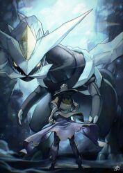 1boy black_jacket chromatic_aberration claws drayton_(pokemon) facing_away from_behind game_freak gen_5_pokemon grey_hair high_collar highres holding holding_poke_ball jacket kyurem legendary_pokemon male_focus mizinkororo nintendo pants poke_ball pokemon pokemon_(creature) pokemon_sv short_hair size_difference standing yellow_eyes