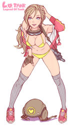 bikini gun unworn_headwear helmet unworn_helmet highres knee-highs legend_of_tank makeup submachine_gun swimsuit weapon