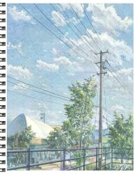 blue_sky building cloud cloudy_sky commentary day fence no_humans nzwt original outdoors power_lines scenery signature sky tree utility_pole