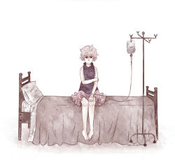 .flow 1girl amichiinyan barefoot bed female_focus intravenous_drip messy_hair muted_color red_eyes sabitsuki short_hair sick sitting skirt sleeveless sleeveless_turtleneck solo turtleneck white_background white_hair