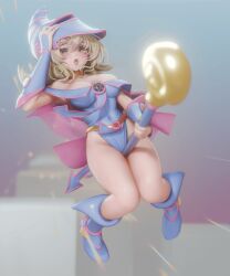 1girl animated animated_gif bare_shoulders blonde_hair blue_dress blue_footwear blush breasts cleavage collarbone covered_navel dark_magician_girl dress duel_monster flying green_eyes long_hair medium_breasts midair solo staff_riding ucupumar yu-gi-oh!