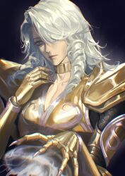 1boy 632698090 absurdres armor blue_eyes blue_hair drill_hair drill_sidelocks expressionless eyelashes fingernails gold_armor gold_choker gold_cloth gold_saint hair_over_one_eye hand_up highres impasto jellyfish jewelry long_hair looking_at_viewer male_focus neck_ring pauldrons pectoral_cleavage pectorals pisces_aphrodite purple_nails purple_trim ringlets saint_seiya saint_seiya:_legend_of_sanctuary sharp_fingernails shoulder_armor sidelocks solo upper_body very_long_fingernails