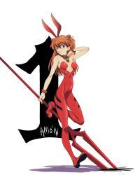 adapted_costume amondetauro animal_ears bodysuit breasts fake_animal_ears grin highres interface_headset_(evangelion) lance_of_longinus_(evangelion) leotard long_hair medium_breasts neon_genesis_evangelion orange_hair playboy_bunny rabbit_ears red_bodysuit simple_background smile souryuu_asuka_langley strapless_bodysuit white_background