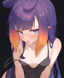 Rule 34 | 1girl, alternate costume, black background, black camisole, blue eyes, blush, breasts, camisole, chahanramen, commentary, gradient hair, highres, hololive, hololive english, long hair, looking at viewer, mole, mole under eye, multicolored hair, ninomae ina&#039;nis, open mouth, orange hair, pointy ears, purple hair, red pupils, sidelocks, simple background, small breasts, solo, strap slip, sweat, tentacle hair, very long hair, virtual youtuber