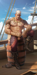 1boy abs afk_(series) afk_journey arm_tattoo bara biceps black_shoes blue_sky boots cloud cloudy_sky clydechristy cross_scar cum ejaculation erection fade_(haircut) gold_necklace grin hand_on_own_penis highres jewelry looking_at_viewer lucca_(afk) male_focus muscular muscular_male navel necklace nipples on_barrel paid_reward_available pants pectorals penis pirate_ship red_pants scar scar_on_face shoes sitting sky smile tattoo testicles topless_male white_hair