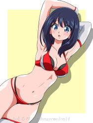 Rule 34 | 1girl, arms behind head, bikini, black hair, blue eyes, border, breasts, cleavage, cropped legs, dolphin wave, dutch angle, elbow gloves, full body, gloves, gridman universe, inferno (nanbu14), kirishima uniform, layered bikini, long hair, looking at viewer, medium breasts, outside border, red bikini, single elbow glove, single thighhigh, solo, ssss.gridman, standing, swimsuit, takarada rikka, thighhighs, twitter username, two-tone background, white border, white gloves, white thighhighs, yellow background