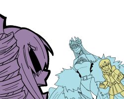 3girls belt cendrillmon curvy digimon digimon_(creature) digimon_liberator highleg highleg_leotard highres kinosaki_arisa leotard long_hair looking_at_another mask meme multiple_girls smile surprised teamwork very_long_hair violet_inboots