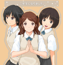 3girls :d amagami aqua_bow aqua_bowtie arms_at_sides black_hair black_ribbon black_skirt bob_cut bow bowtie breasts brown_eyes brown_hair brown_outline brown_sweater_vest closed_mouth dress_shirt from_above hair_ribbon hair_strand highres kibito_high_school_uniform large_breasts long_hair looking_afar looking_ahead looking_at_viewer medium_breasts multiple_girls nakata_sae nanasaki_ai official_art open_mouth orange_background own_hands_together palms_together pleated_skirt promotional_art ribbon scan school_uniform shirt short_hair short_sleeves skirt smile sparkle summer_uniform sweater_vest swept_bangs tachibana_miya takayama_kisai teeth third-party_source translated twintails upper_body upper_teeth_only wavy_hair white_shirt