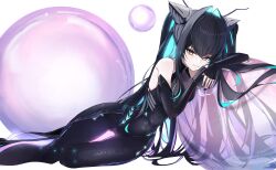 1girl absurdres backless_bodysuit backless_outfit bare_shoulders black_bodysuit black_hair black_nails bodysuit breasts bubble closed_mouth colored_inner_hair commentary_request elbow_gloves gloves gluteal_fold goddess_of_victory:_nikke hair_intakes halterneck head_on_arm highres little_mermaid_(nikke) long_hair looking_at_viewer lying multicolored_hair ninney5 on_side solo thigh_gap twintails very_long_hair yellow_eyes