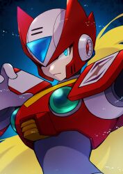 1boy armor blonde_hair blue_eyes chest_jewel forehead_jewel helmet highres long_hair male_focus mega_man_(series) mega_man_x_(series) red_armor red_helmet solo tobitori upper_body zero_(mega_man)