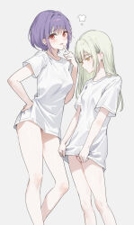 Rule 34 | 2girls, :3, :o, bang dream!, bang dream! it&#039;s mygo!!!!!, bare legs, blush, breasts, closed mouth, clothes grab, commentary, contrapposto, finger to own chin, green hair, hair ornament, hairclip, hand on own hip, hand up, highres, index finger raised, long hair, looking at another, looking down, looking to the side, medium breasts, multiple girls, no pants, open mouth, purple hair, red eyes, shirt, short hair, short sleeves, sidelocks, simple background, small breasts, standing, swept bangs, symbol-only commentary, tokkyu, wakaba mutsumi, white background, white shirt, yellow eyes, yuutenji nyamu