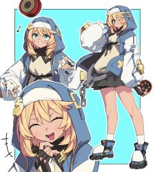 +++ 1boy androgyne_symbol bike_shorts bike_shorts_under_skirt blonde_hair boots bridget_(guilty_gear) closed_eyes commentary fingerless_gloves gloves green_eyes guilty_gear guilty_gear_strive hair_between_eyes highres holding hood hood_up hooded_jacket jacket long_sleeves male_focus miniskirt multiple_views musical_note one_eye_closed open_clothes open_jacket open_mouth pleated_skirt simple_background skirt socks standing trap white_socks yachima_tana yo-yo