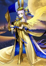 Rule 34 | 1girl, absurdly long hair, animal hat, back ribbon, backless outfit, bare shoulders, bb (fate), blue gloves, blue ribbon, breasts, closed mouth, desert, fate/grand order, fate (series), feathered wings, floating clothes, from side, full body, game cg, gloves, gold hat, gold leotard, gold ribbon, gold shawl, gold shoes, gold skirt, golden bb (fate), hair ribbon, halterneck, hands up, hat, high heels, holding, large breasts, leotard, long hair, long ribbon, long sidelocks, long skirt, looking at viewer, moon (ornament), neck ribbon, official art, own hands together, pantyhose, pumps, purple hair, rabbit hat, ribbon, sand, shoes, showgirl skirt, sidelocks, single sidelock, skirt, skyline, smile, solo, spoilers, stiletto heels, third-party source, train (clothing), two-sided ribbon, v-shaped eyebrows, very long hair, wada arco, wings, yellow eyes, yellow pantyhose, yellow theme, yellow wings