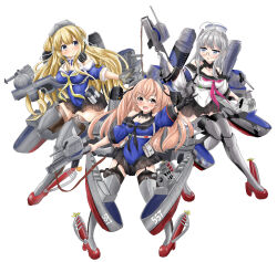 3girls adapted_turret ahoge black_sailor_collar black_skirt black_thighhighs blonde_hair blue_shirt breasts brown_eyes cannon dixie_cup_hat double_bun fletcher_(kancolle) fletcher_mk_ii_(kancolle) folded_hair full_body garter_straps glasses grey_eyes grey_hair hair_bun hair_ornament hat headgear heywood_l._edwards_(kancolle) highres johnston_(kancolle) kantai_collection light_brown_hair long_hair machinery medium_breasts military_hat multiple_girls neckerchief off-shoulder_shirt off_shoulder pleated_skirt purple_eyes rudder_footwear sailor_collar sailor_shirt school_uniform senon serafuku shin_guards ship_turret shirt simple_background skirt smokestack star_(symbol) star_hair_ornament thighhighs two_side_up white_background white_sailor_collar white_shirt yellow_neckerchief