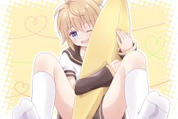 Rule 34 | 1boy, blonde hair, blue eyes, daisuke (9156281), detached sleeves, highres, kagamine len, male focus, one eye closed, sailor collar, shorts, smile, socks, solo, stuffed banana, vocaloid, white socks