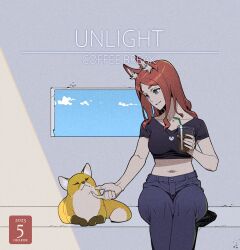 Rule 34 | 1girl, animal ears, breasts, dog, large breasts, midriff, miya hellride, navel, pants, red hair, shiba inu, smile, tagme
