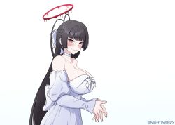 Rule 34 | 1girl, antenna hair, bare shoulders, black nails, blood, blood halo, blue archive, blush, bow, breasts, choker, cleavage, closed mouth, dress, hair bow, halo, highres, large breasts, liquid halo, long hair, nightingery, official alternate costume, own hands together, red eyes, simple background, solo, tsurugi (blue archive), tsurugi (dress) (blue archive), white background, white bow, white choker, white dress