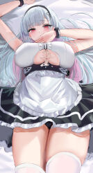 1girl absurdres apron arms_up azur_lane black_hairband black_panties blush breasts colored_skin cum cum_on_body cum_on_breasts cum_on_upper_body dido_(azur_lane) hair_ornament hairband highres long_hair looking_at_viewer lshiki lying maid on_back panties pink_hair red_eyes solo thighhighs thighs underwear white_apron white_hair white_thighhighs