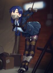 1girl absurdres arms_behind_back basement bdsm blue_hair blush bondage bound breasts cad_(caddo) choker crotch_rope forced_orgasm full_body gag highres hitachi_magic_wand idolmaster improvised_gag indoors jacket kisaragi_chihaya leaning_forward legs_tied_together long_hair long_sleeves necktie open_clothes open_jacket pleated_skirt remote_control_vibrator second-party_source sex_toy skirt small_breasts tape tape_gag taped_hands tearing_up vibrator wince yellow_eyes