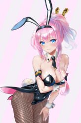 1girl bare_shoulders black_leotard blue_eyes breasts cleavage collarbone covered_erect_nipples covered_navel detached_collar fishnet_pantyhose fishnets highres large_breasts leotard megurine_luka pantyhose pink_hair playboy_bunny rabbit_tail smile solo tail vocaloid yukihane_(snowowl515)