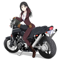 1girl black_hair bodysuit female_focus gloves hair_flip helmet kameidou_shizuka long_hair motor_vehicle motorcycle motorcycle_helmet open_clothes open_mouth shirt solo soredemo_machi_wa_mawatteiru taut_clothes taut_shirt vehicle yamaha yoshida_keiji