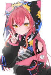 Rule 34 | 1girl, animal ear hood, black nails, blush, bra, closed mouth, fake animal ears, goggles, goggles on head, hanase, highres, hood, hood up, hoodie, looking at viewer, multicolored hair, nekota tsuna, nekota tsuna (1st costume), orange eyes, orange hair, red hair, solo, streaked hair, striped bra, striped clothes, two-tone hair, underwear, virtual youtuber, vspo!, w, white background