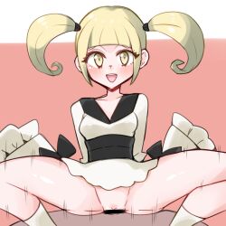 1boy 1girl bar_censor black_kimono blonde_hair blush breasts censored collarbone cowgirl_position dark-skinned_male dark_skin dot_nose eyebrows eyelashes feet_out_of_frame furisode_girl_(pokemon) furisode_girl_katherine girl_on_top hands_up happy happy_sex hetero interracial japanese_clothes kimono long_sleeves looking_at_viewer matching_hair/eyes medium_hair motion_lines nintendo no_panties open_mouth penis pink_background pokemon pokemon_xy pussy sex short_kimono simple_background sitting sitting_on_person sleeves_past_fingers sleeves_past_wrists small_breasts smile socks solo_focus spread_legs straddling twintails two-tone_background two-tone_kimono urasaka_ki vaginal variant_set w_arms white_background white_kimono white_socks yellow_eyes