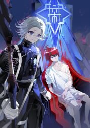 2boys absurdres ahoge aotsuki_eito black_pants blue_eyes chain chinese_commentary eyeliner fire fire_halo gakuran glasses gloves grey_hair highres hilee671 holding holding_weapon hole_in_chest hole_on_body last_defense_academy_school_uniform looking_at_viewer looking_up makeup male_focus multicolored_hair multiple_boys pants purple_eyes purple_fire red_eyeliner red_hair robe school_uniform shawl short_hair sitting_on_throne smile stole streaked_hair sumino_takumi the_hundred_line_-last_defense_academy- thigh_strap throne weapon white_gloves white_robe