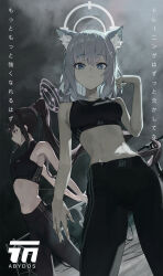 2girls absurdres alternate_costume animal_ear_fluff animal_ears bare_arms bare_shoulders bicycle black_hair black_pants black_shorts black_sports_bra blue_archive blue_eyes breasts cable closed_mouth earphones grey_eyes grey_hair hair_between_eyes halo highres long_hair looking_at_viewer medium_breasts midriff multiple_girls navel pants ponytail serie_niai shiroko_(blue_archive) shorts sleeveless small_breasts sports_bra sportswear standing stomach sumire_(blue_archive) very_long_hair yoga_pants