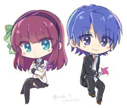 &gt;:( 1boy 1girl angel_beats! aqua_eyes black_jacket black_pants black_skirt black_thighhighs blue_hair blunt_bangs blush bow chibi chibi_only closed_mouth collared_shirt commentary_request crossed_arms crossed_legs eyes_visible_through_hair frown full_body green_bow hair_between_eyes hair_bow hairband hinata_hideki invisible_chair jacket knee_up medium_hair miniskirt nakamura_yuri open_clothes open_jacket pants pleated_skirt purple_eyes purple_hair purple_hairband school_uniform shirt short_hair simple_background sitting skirt smile thighhighs twitter_username v-shaped_eyebrows white_background white_shirt yellow_jacket zettai_ryouiki zuzuhashi