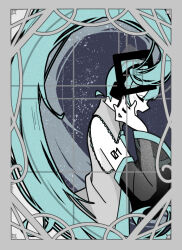 1girl aqua_hair aqua_necktie arm_tattoo art_nouveau black_sleeves border chiori_(_chio_ri) closed_eyes collared_shirt colored_skin detached_sleeves floating_hair from_side golden_spiral grey_border grey_shirt hair_ornament hand_on_headphones hand_up hatsune_miku headphones long_hair miku_day necktie number_tattoo open_mouth see-through_clothes see-through_sleeves shirt sleeveless sleeveless_shirt solo tattoo twintails twitter_username upper_body very_long_hair vocaloid white_skin