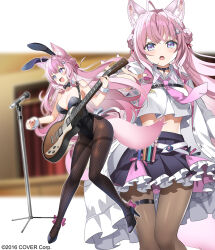 Rule 34 | 1girl, animal ear fluff, animal ears, black footwear, black leotard, black skirt, blush, braid, braided bun, breasts, brown pantyhose, cleavage, commentary request, crop top, double bun, fake animal ears, fishnet pantyhose, fishnets, frilled jacket, frilled skirt, frills, guitar, hair between eyes, hair bun, hakui koyori, high heels, highres, holding, holding instrument, hololive, instrument, jacket, kurot, leotard, long hair, medium breasts, microphone, microphone stand, multiple views, official art, open clothes, open jacket, open mouth, pantyhose, pink hair, playboy bunny, pleated skirt, purple eyes, rabbit ears, shirt, shoes, skirt, strapless, strapless leotard, tail, thighband pantyhose, very long hair, virtual youtuber, white jacket, white shirt, wrist cuffs
