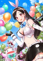 1girl analog_clock animal_ears aqua_bow aqua_bowtie arm_up balloon bare_shoulders belt belt_buckle black_gloves black_hair black_skirt blue_bow blue_bowtie blue_sky blush bow bowtie breasts buckle cait_sith_(final_fantasy) cait_sith_(party_jacket) cat cleavage clock cloud cloudy_sky confetti cowboy_shot detached_collar detached_sleeves earrings final_fantasy final_fantasy_vii final_fantasy_vii_ever_crisis fingerless_gloves food glint gloves hat highres holding holding_plate jacket jewelry large_breasts long_hair looking_at_viewer low-tied_long_hair midriff miniskirt moogle nalu navel official_alternate_costume open_mouth pink_hat pink_jacket plate rabbit_ears rabbit_tail red_eyes single_earring skirt sky smile suspender_skirt suspenders tail teeth tifa_lockhart tifa_lockhart_(bunny_bustier) tree twitter_username upper_teeth_only very_long_hair white_belt white_sleeves