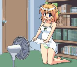 1girl animated animated_gif barefoot blonde_hair blue_eyes blush book bookshelf electric_fan fanning_crotch full_body green_panties green_ribbon hair_ribbon happy hot indoors medium_hair nodoame57 original panties ribbon sleeveless smile solo summer underwear