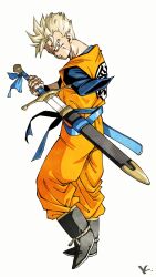 Rule 34 | 1boy, amputee, black boots, blonde hair, blue sash, blue shirt, boots, commentary request, dougi, dragon ball, dragonball z, emblem, full body, green eyes, highres, holding, holding sword, holding weapon, kakeru (dbskakeru), male focus, orange pants, orange shirt, pants, sash, scabbard, scar, scar on face, sheath, shirt, short hair, simple background, solo, son gohan (future), super saiyan, super saiyan 1, sword, weapon, white background