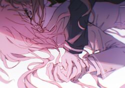 Rule 34 | absurdres, bang dream!, bang dream! it&#039;s mygo!!!!!, blue shirt, brown hair, chihaya anon, chinese commentary, commentary request, green necktie, grey jacket, hair spread out, haneoka school uniform, highres, holding another&#039;s wrist, jacket, long hair, long sleeves, muonrei00, nagasaki soyo, necktie, pink hair, school uniform, shade, shirt, simple background, tsukinomori school uniform, white background