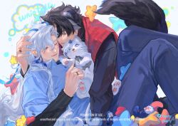 Rule 34 | 2boys, animal ear fluff, animal ears, artist name, black hair, black pants, black sweater, blue eyeliner, blue hair, blue pants, blue shirt, buttons, cat, collared shirt, commentary, dog boy, dog ears, dog tail, eyelashes, eyeliner, facebook logo, flower, genshin impact, grey hair, hair between eyes, heart, highres, jewelry, kneeling, layered sleeves, leisurely otter (genshin impact), long hair, long sleeves, lower teeth only, makeup, male focus, multicolored hair, multiple boys, neuvillette (genshin impact), one eye closed, open mouth, pants, parted bangs, pawpads, pointy ears, purple eyes, red sweater vest, ring, shirt, short hair, short over long sleeves, short sleeves, sitting, smile, speech bubble, star (symbol), streaked hair, stuffed animal, stuffed toy, sweater, sweater vest, symbol-only commentary, tail, teeth, thought bubble, turtleneck, turtleneck sweater, twitter x logo, vioarry, watermark, white cat, white hair, wriothesley (genshin impact), yaoi