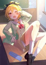 1girl 3siyo_u ;o black_ribbon black_shoes blonde_hair bow commentary_request contemporary convenient_leg dress felt_(re:zero) fingernails full_body green_jacket hair_ribbon highres indoors jacket long_sleeves looking_at_viewer on_table one_eye_closed open_mouth pencil_case re:zero_kara_hajimeru_isekai_seikatsu red_bow red_eyes ribbon sailor_collar shoes sidelighting socks solo sunlight table white_sailor_collar white_socks window yellow_dress