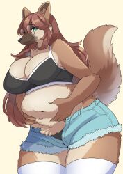1girl absurdres animal_ears animal_nose black_bra blue_shorts bra breasts brown_fur brown_hair cleavage commentary_request commission fluffy furry furry_female glasses green_eyes highres holding_own_stomach huge_breasts long_hair looking_at_viewer original pixiv_commission plump round_eyewear shorts sidelocks simple_background smile snout solo tail thighhighs underwear very_long_hair white_thighhighs wolf_ears wolf_tail zakro