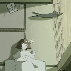 Rule 34 | 1girl, absurdres, animal, black cat, blanket, brown hair, cat, closed eyes, drawing (object), floor, from above, highres, indoors, lying, mechanical pencil, nagae haruyoshi, original, pencil, shirt, signature, sketchbook, sleeping, t-shirt, tatami, white shirt