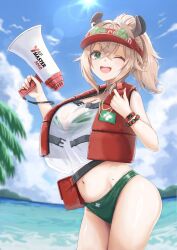 Rule 34 | 1girl, animal ears, bikini, breasts, brown hair, cleavage, cloud, eyewear on head, green-tinted eyewear, green bikini, green eyes, hat, highres, holding, holding megaphone, holding whistle, indie virtual youtuber, large breasts, life vest, megaphone, mole, mole on stomach, navel, nimi nightmare, nimi nightmare (lifeguard), ocean, one eye closed, open mouth, ponytail, red hat, shirt, sky, smile, solo, sun, swimsuit, tachibana yuu (shika), tapir ears, tapir girl, tinted eyewear, virtual youtuber, visor cap, whistle, white shirt