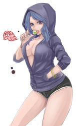 1girl alternate_costume bad_id bad_pixiv_id blue_hair bracelet breasts candy cleavage female_focus food hand_in_pocket highres hood hoodie jewelry kumoi_ichirin lollipop long_hair long_sleeves looking_at_viewer medium_breasts purple_eyes seiya_(cardigan) short_shorts shorts simple_background solo tongue tongue_out touhou unzan unzipped white_background