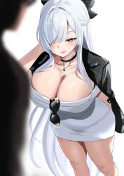 1boy 1girl black_choker black_jacket breasts choker cinderella_(beautiful_me)_(nikke) cinderella_(nikke) cleavage commentary dongtan_dress dress eyewear_hang goddess_of_victory:_nikke grey_dress heart highres jacket jacket_on_shoulders jewelry large_breasts licking_lips long_hair meme_attire naughty_face necklace official_alternate_costume red_eyes redi_(rasec_asdjh) simple_background spoken_heart sunglasses tongue tongue_out unworn_eyewear very_long_hair white_background white_hair