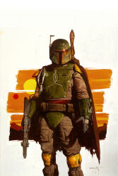 1boy armor boba_fett breastplate brown_cape brown_pants cape erik_gist gun helmet highres holding holding_gun holding_weapon looking_at_viewer mandalorian mandalorian_armor mandalorian_helmet pants signature solo standing star_wars torn_cape torn_clothes weapon