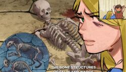 Rule 34 | 1boy, 1girl, arms behind head, arms up, blonde hair, brown hair, chilchuck tims, dungeon meshi, english text, green eyes, jerma985, long hair, looking at viewer, marcille donato, parted lips, pdvl, short hair, skeleton