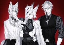 1girl 2boys alternate_costume alternate_hairstyle animal_ear_fluff animal_ears beads belt blue_eyes bracelet breasts buttons cape chinese_clothes closed_eyes closed_mouth coat collared_shirt crossed_bangs earrings elbow_gloves eyelashes feixiao_(honkai:_star_rail) fingerless_gloves forehead_jewel fox_boy fox_ears fox_girl fox_tail gloves greyscale_with_colored_background hair_beads hair_ornament hand_on_own_chin hand_up high_ponytail highres honkai:_star_rail honkai_(series) jewelry jiaoqiu_(honkai:_star_rail) lapels large_breasts long_hair long_sleeves looking_at_another looking_to_the_side low_ponytail moze_(honkai:_star_rail) multiple_boys multiple_rings necklace necktie open_clothes open_coat pants parted_bangs pearl_bracelet pearl_necklace ponytail red_background ring shirt short_hair sidelocks simple_background single_earring single_sidelock skirt sleeveless sleeveless_shirt smile tail tangzhuang tassel tassel_earrings tassel_hair_ornament teeth turtleneck turtleneck_shirt v-shaped_eyebrows vest yziyiling