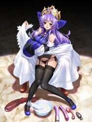 1girl anal_beads aria_tim_faustus bare_shoulders black_panties black_thighhighs blush breasts brown_eyes butt_plug clothes_lift crown detached_sleeves dildo dress dress_lift earrings enema female_focus female_pervert full_body garter_straps jewelry jpeg_artifacts knees_together_feet_apart large_breasts large_syringe long_hair naughty_face oversized_object panties pervert purple_hair rope sasayuki sex_toy shinrabanshou side-tie_panties sitting solo syringe thighhighs throne too_many too_many_sex_toys tub underwear vibrator