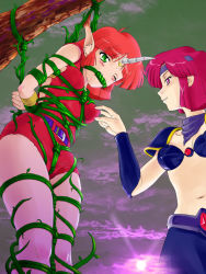 2girls animal_ears armor arms_behind_back bdsm belt bikini_armor blush bob_cut bondage bound box_tie bracer breast_bondage cham cloud covered_erect_nipples crotch_rope female_focus femdom forced green_eyes horns kirishima_reiko leggings leotard miniskirt molestation mugen_senshi_valis multiple_girls navel nipple_stimulation nipple_tweak plant purple_eyes purple_hair red_hair rope_gag shibari shoulder_pads single_horn skirt spark_utamaro sun suspension tree valis valis_iii valis_iv vines wince yuri